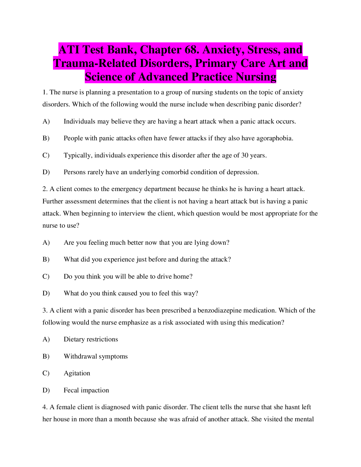 Preview image for ATI Test Bank, Chapter 68. Anxiety, Stress, and Trauma-Related Disorders, Primary Care Art and Science of Advanced Practice Nursing